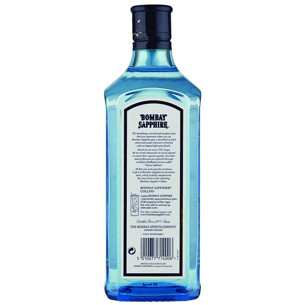 Bombay Sapphire gin bottle showcasing its vibrant blue design and detailed label, highlighting hand-selected botanicals.