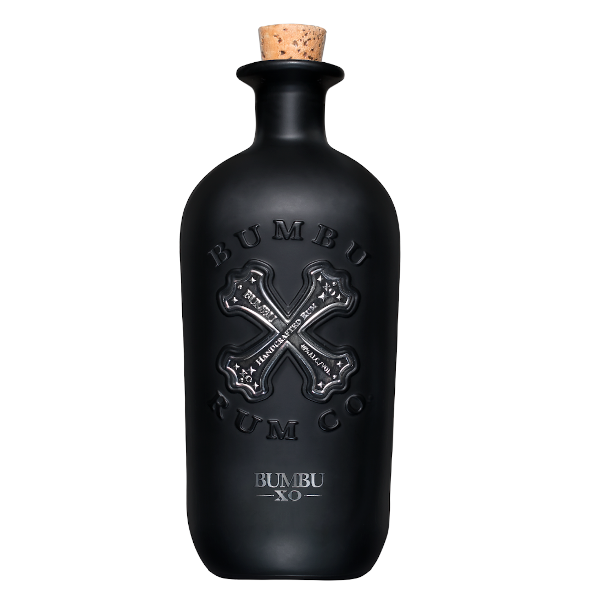 Elegant black bottle of Bumbu XO Rum with cork, showcasing intricate logo design, ideal for rum enthusiasts.