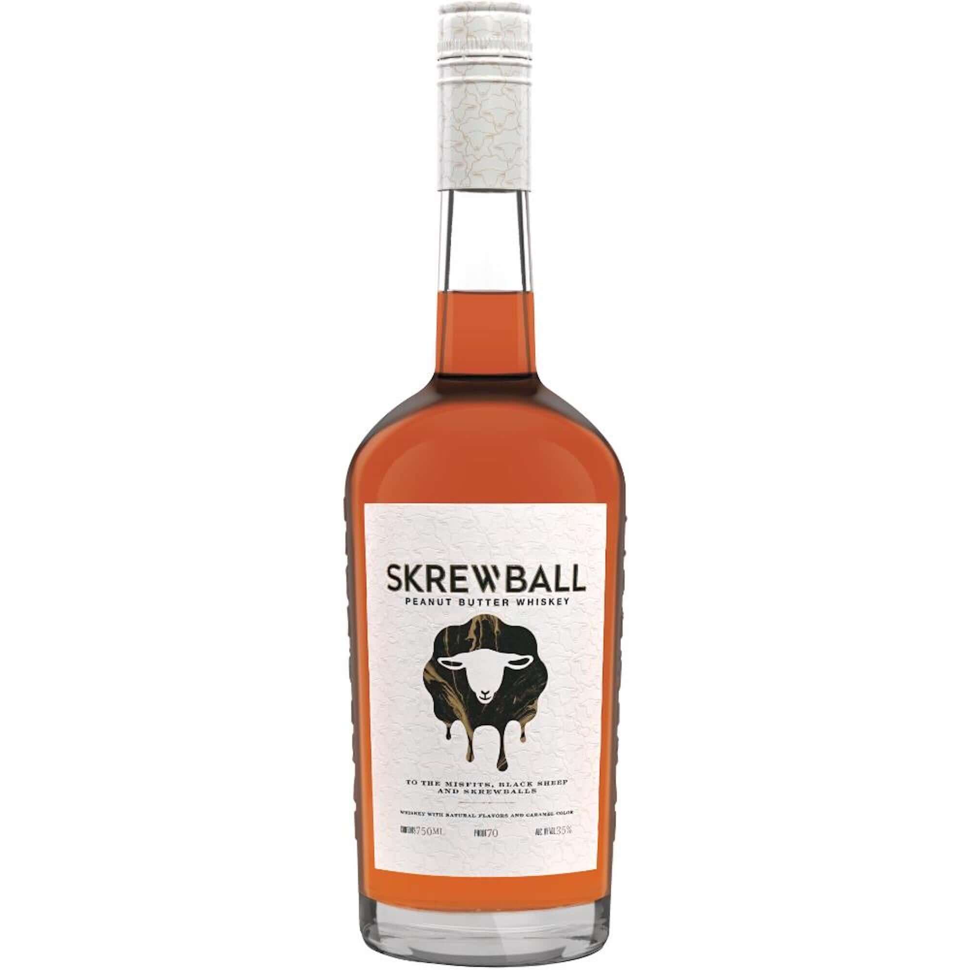 Bottle of Skrewball Peanut Butter Whiskey featuring a distinctive label and smooth amber color.