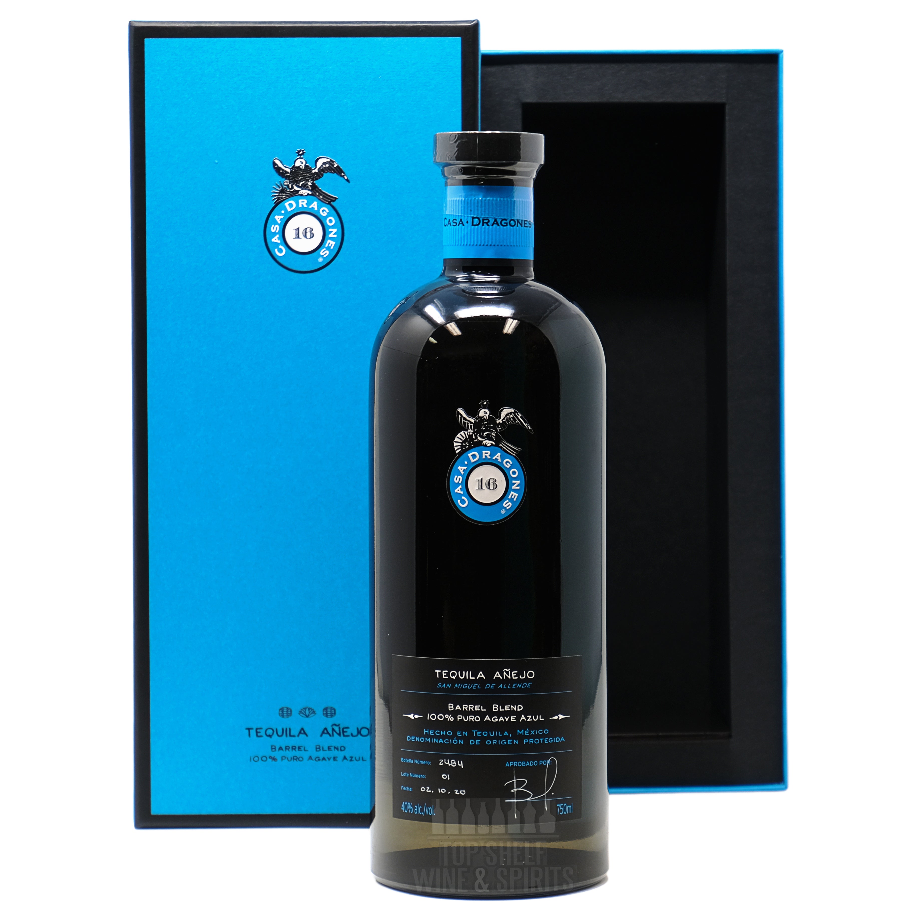 Casa Dragones Añejo Barrel Blend Tequila bottle with blue packaging, showcasing its elegant design and rich flavor profile.