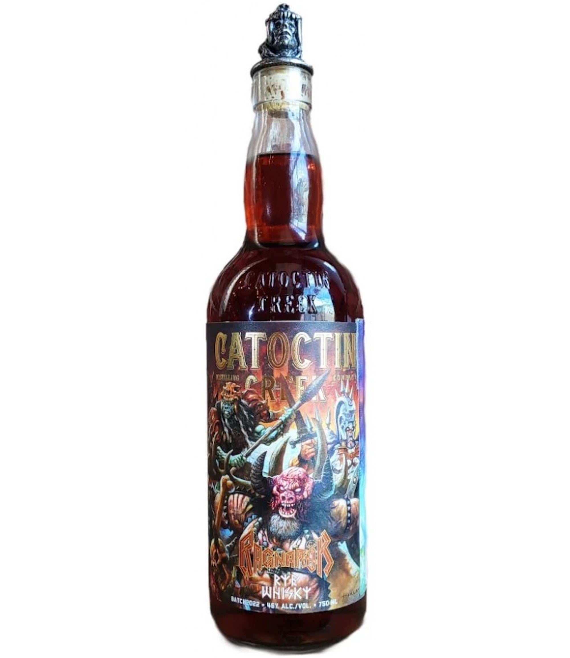 Catoctin Creek Ragnarök Rye whisky bottle with collectible band member toppers and vibrant artwork.