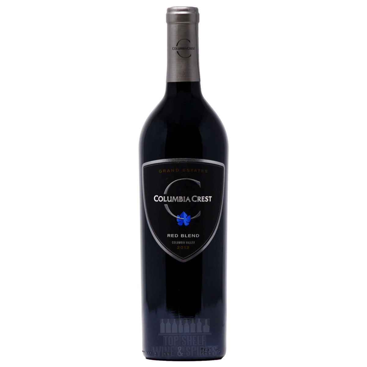 Bottle of Columbia Crest Red Blend wine with elegant label design and silver cap.