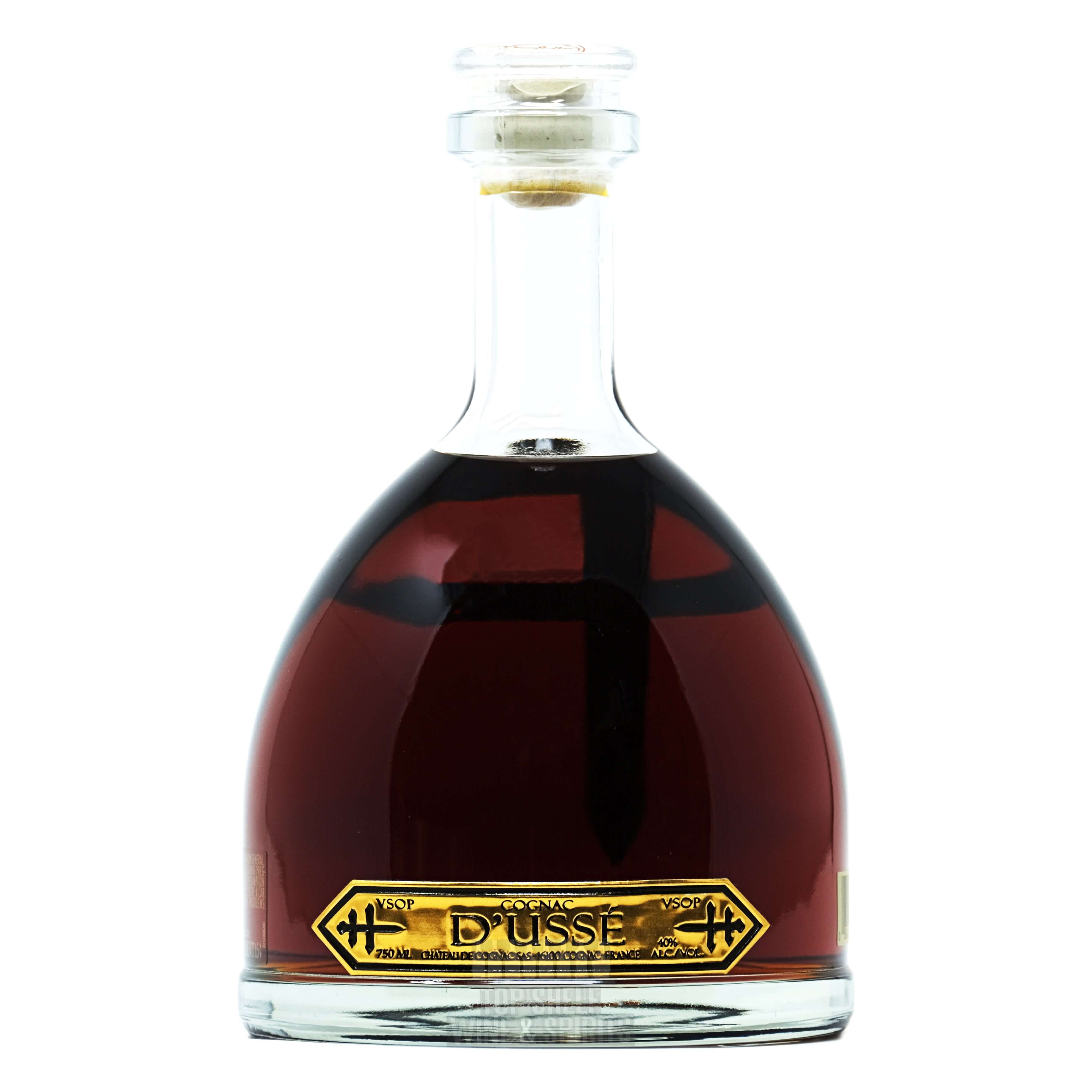 D'USSÉ VSOP Cognac bottle showcasing rich amber color and elegant design with gold accents.