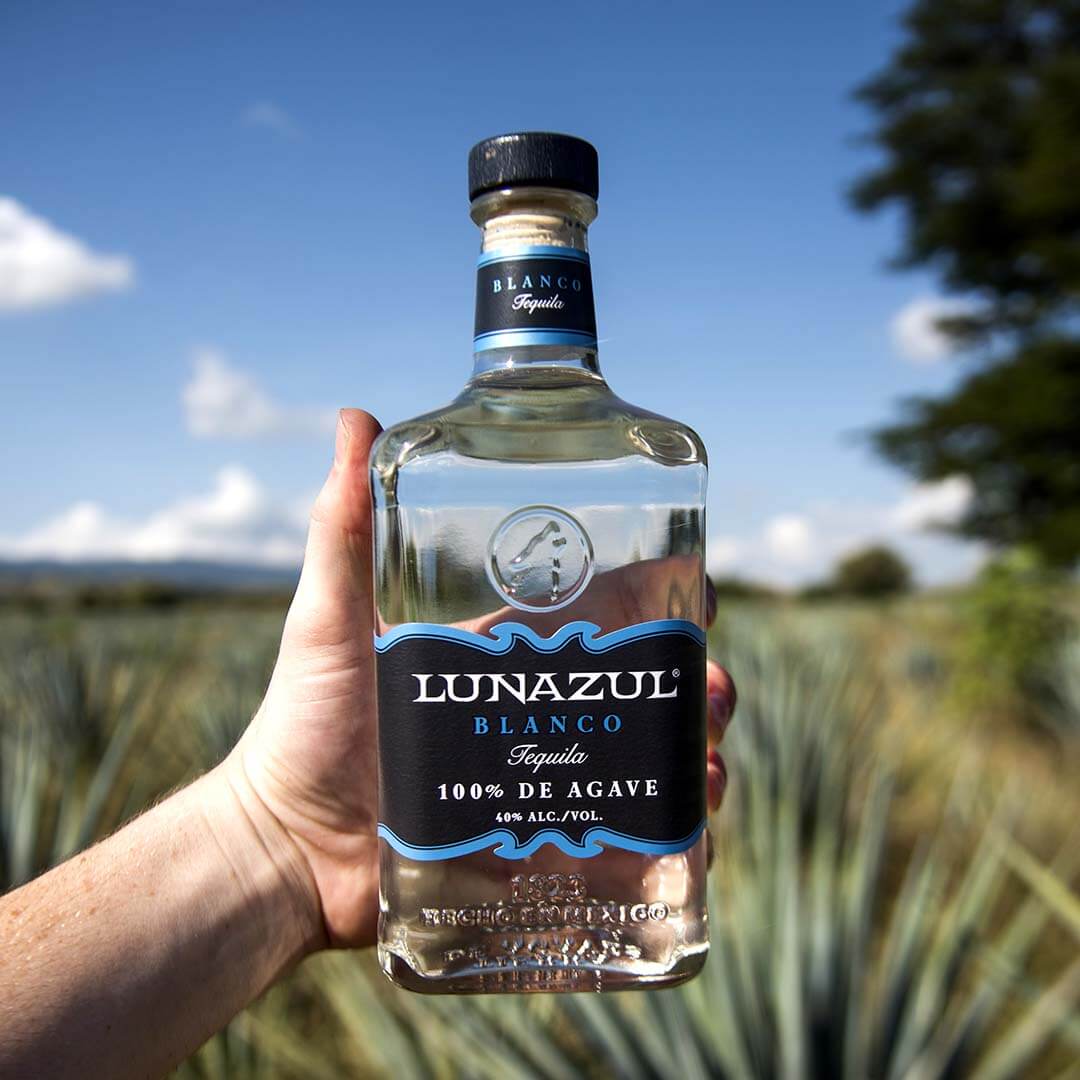 A bottle of Lunazul Blanco Tequila held in hand against a blue sky and agave field, showcasing its smooth quality.