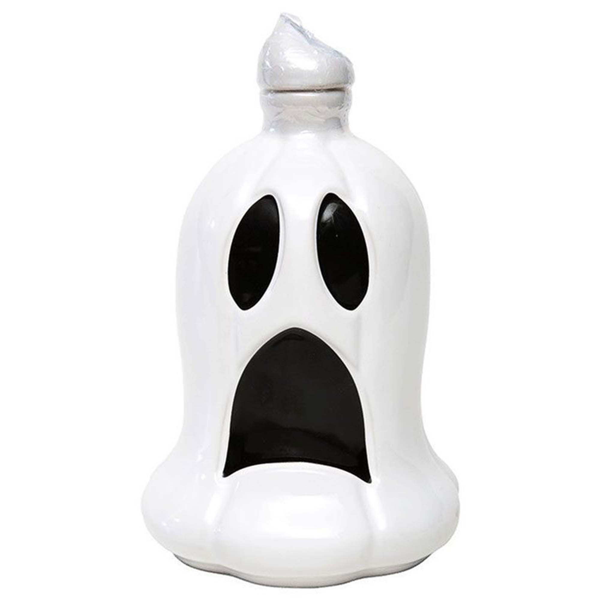 Limited edition Gran Agave Reposado Tequila ghost bottle, white ceramic decanter with black facial features for Halloween.