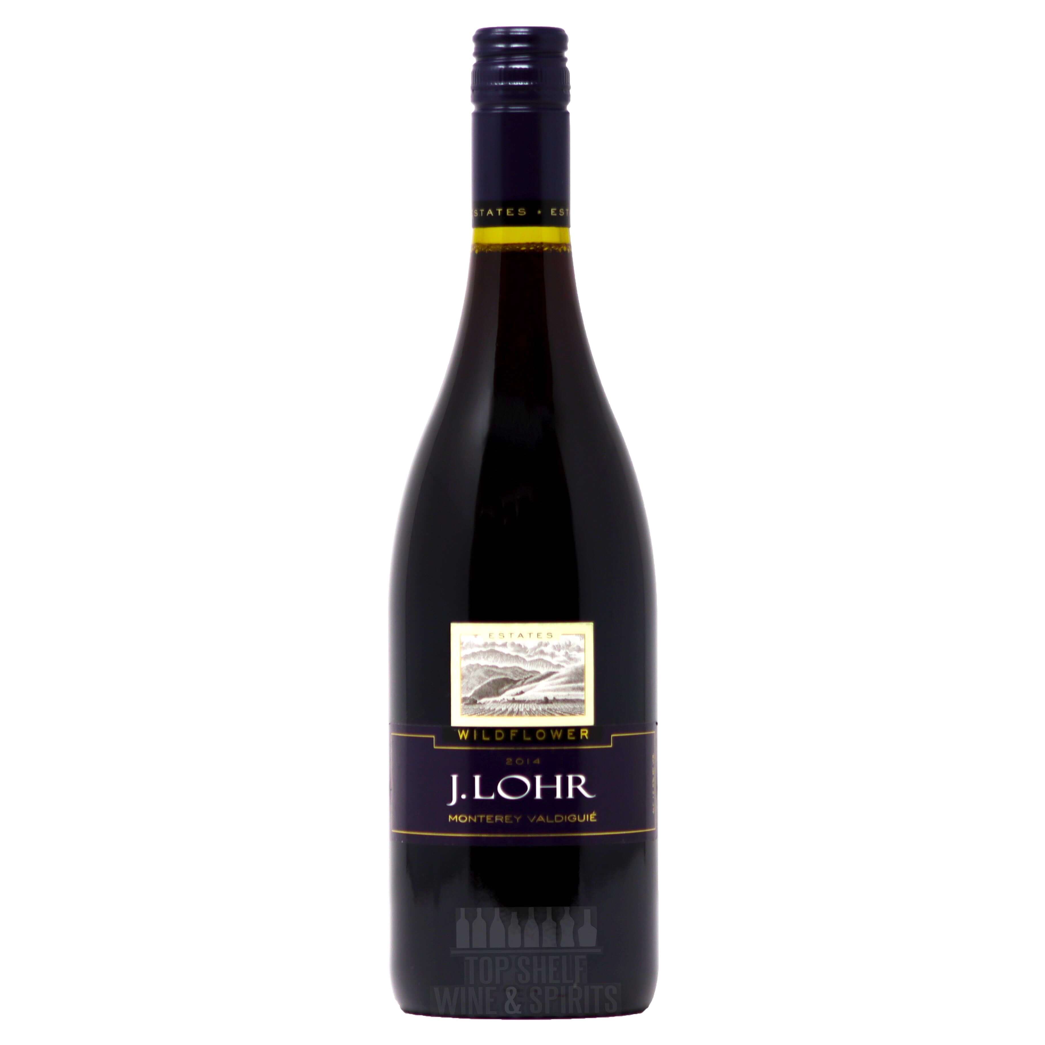 Bottle of J. Lohr Wildflower Valdiguié wine featuring bold red hues and elegant label design.