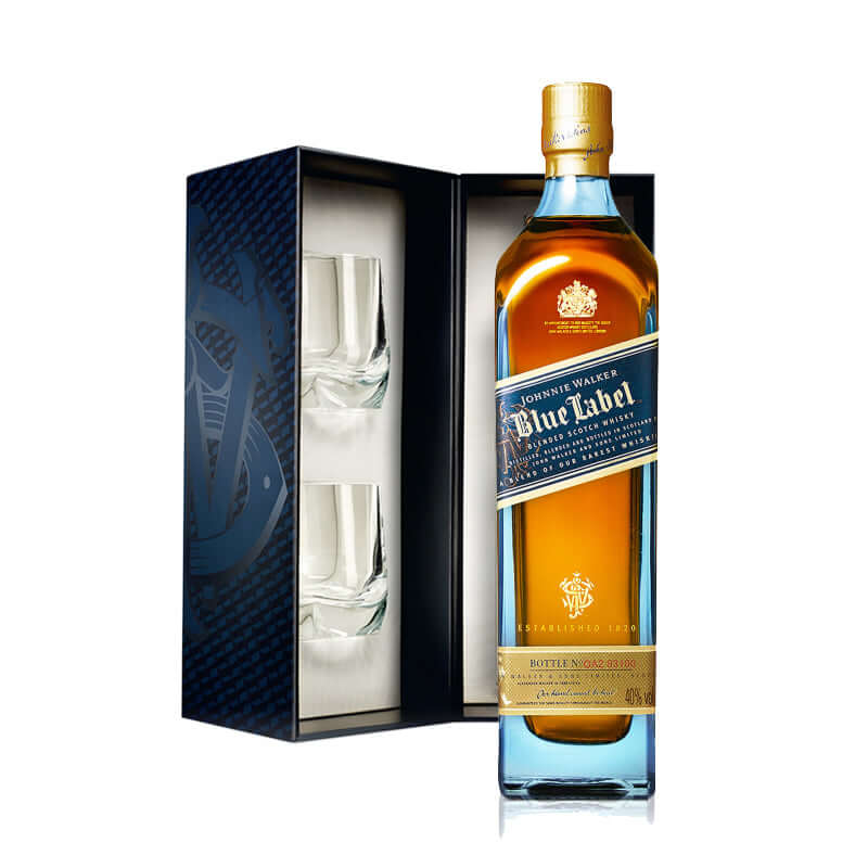 Johnnie Walker Blue Label gift set with two whiskey glasses in elegant packaging.