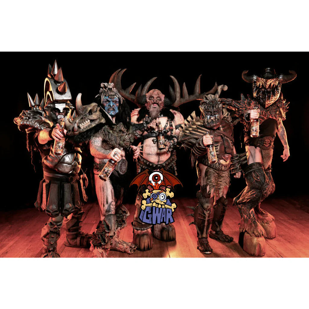 Catoctin Creek Ragnarök Rye whisky with GWAR band members showing off collectible metal toppers.
