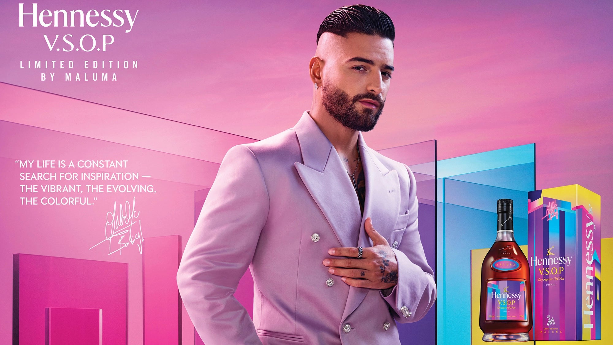 Promotional image for Hennessy V.S.O.P limited edition by Maluma featuring the cognac bottle and vibrant background.