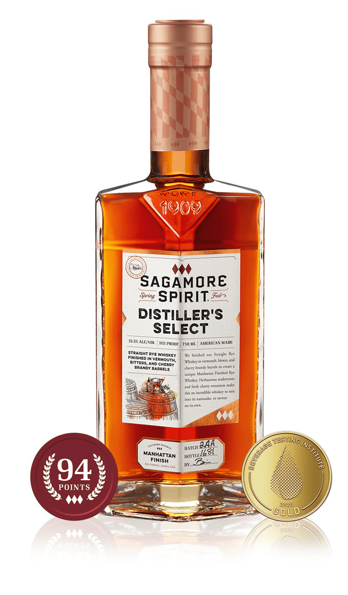 Sagamore Distillers Select Manhattan Finish Rye Whiskey bottle with 94 points award medallions.