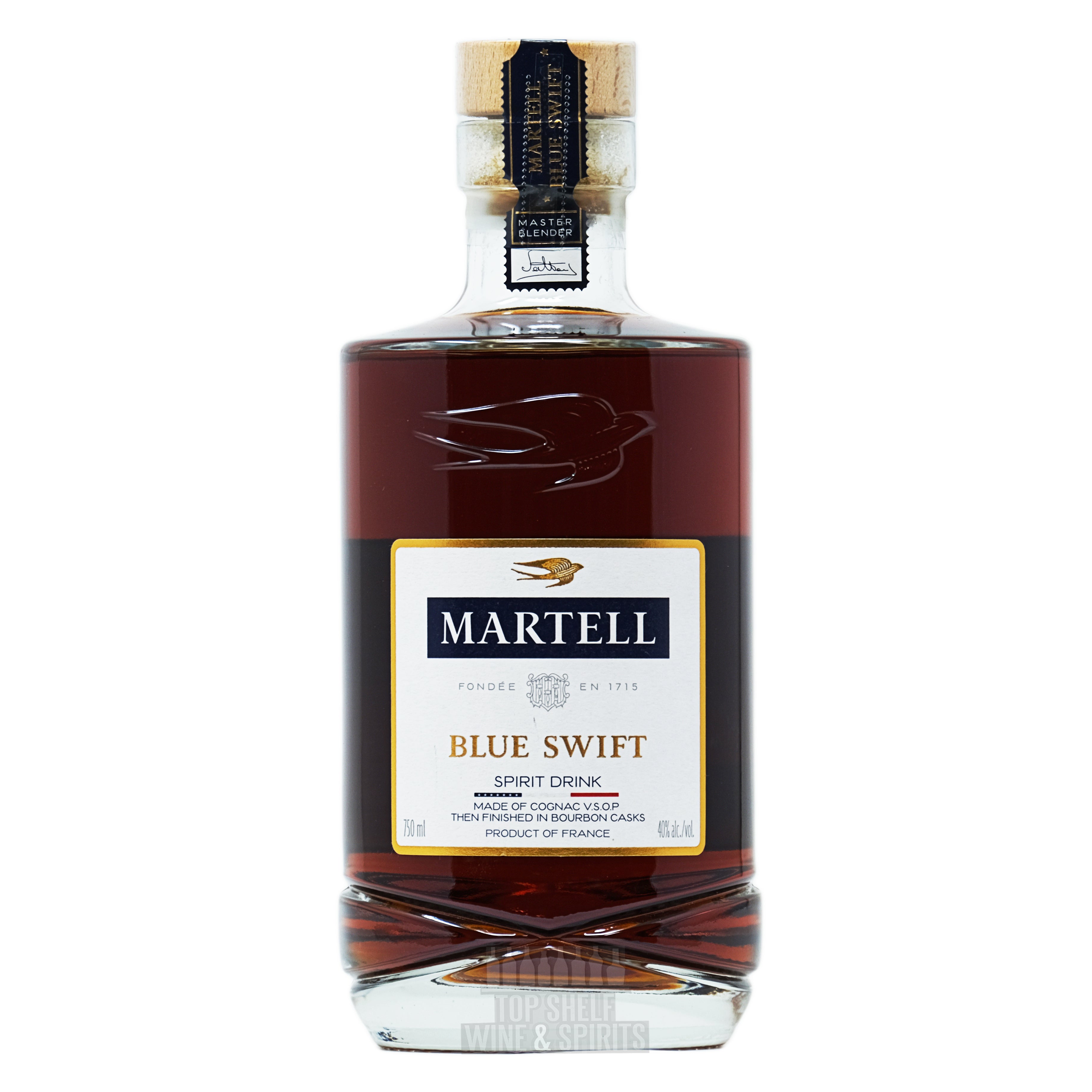 Martell Blue Swift Cognac bottle with rich hues, showcasing its blend of VSOP and bourbon cask finishing.