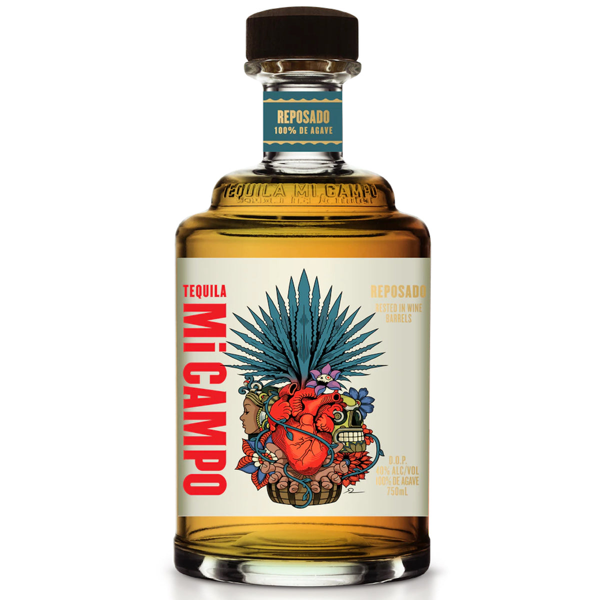 Bottle of Mi Campo Reposado Tequila, crafted from 100% Blue Weber Agave, showcasing vibrant label design.