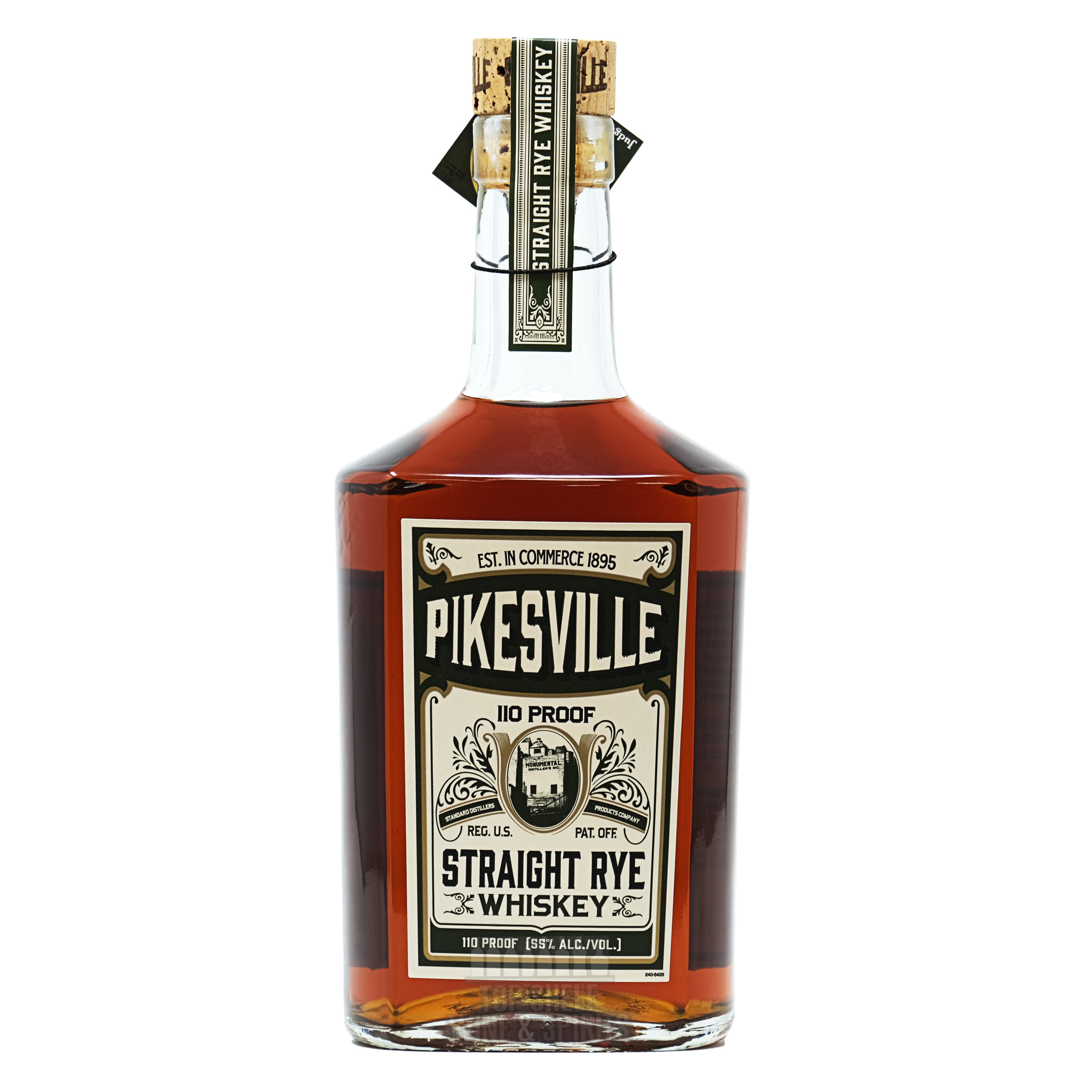 Pikesville Straight Rye Whiskey bottle, 110 proof, established in 1895, showcasing its rich heritage and flavor.