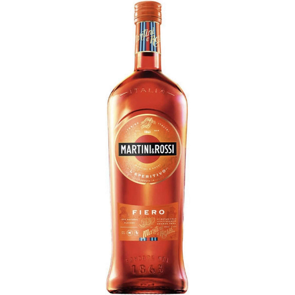 Martini and Rossi Fiero Vermouth bottle showcasing its vibrant color and bold citrus flavor.