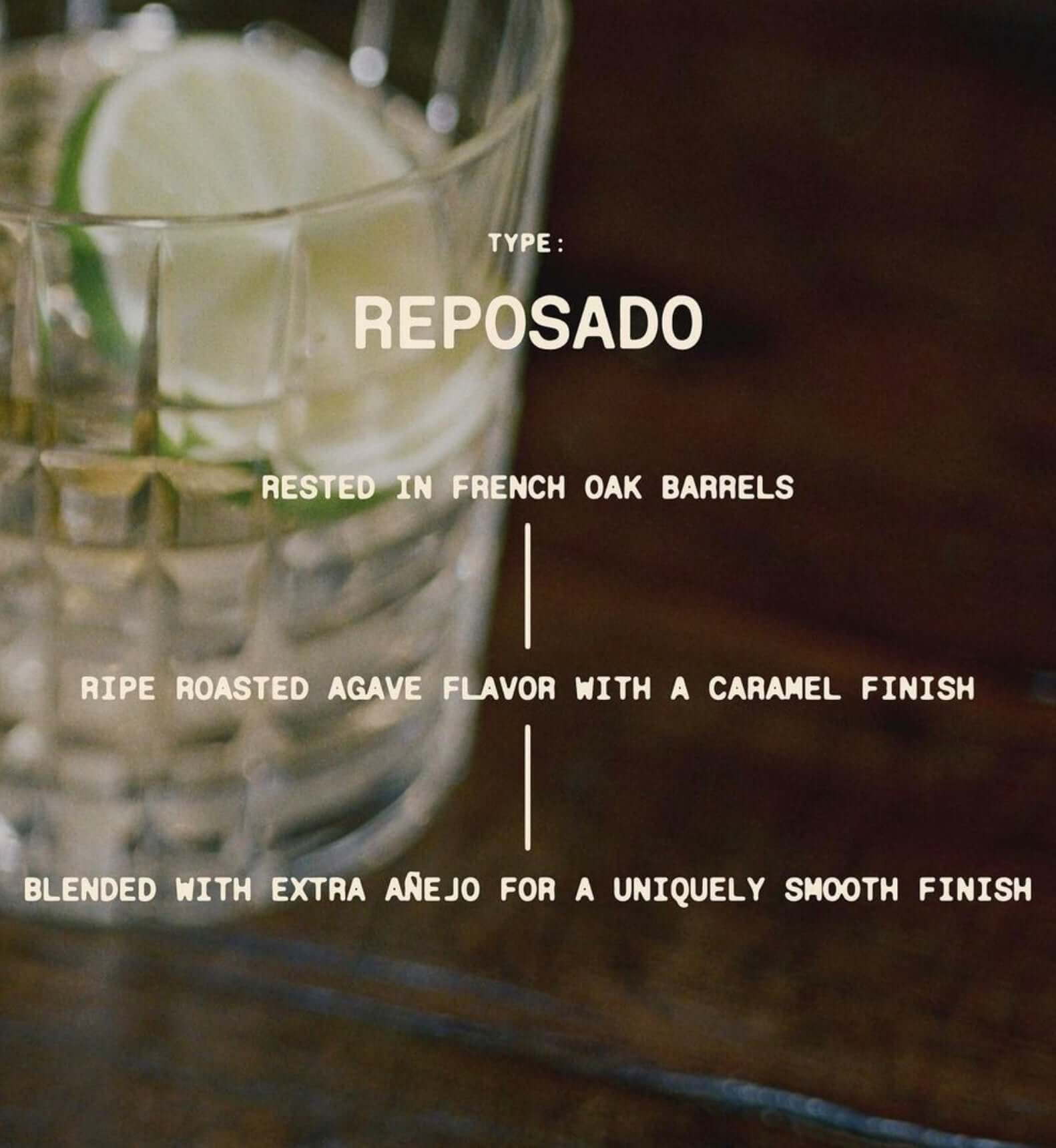 Reposado tequila description featuring roasted agave and caramel finish in a stylish glass with lime.