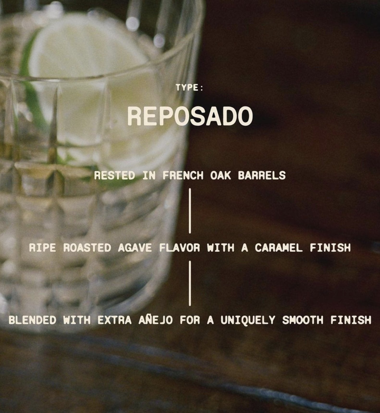818 Tequila Reposado in a glass with lime, showcasing its smooth caramel finish and oak barrel aging.
