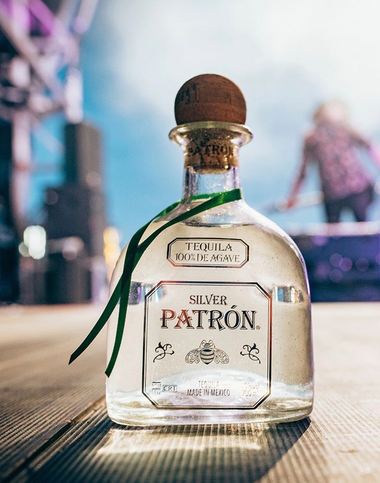 Bottle of Patrón Silver Tequila, handcrafted from 100% Weber Blue Agave in Jalisco, Mexico.