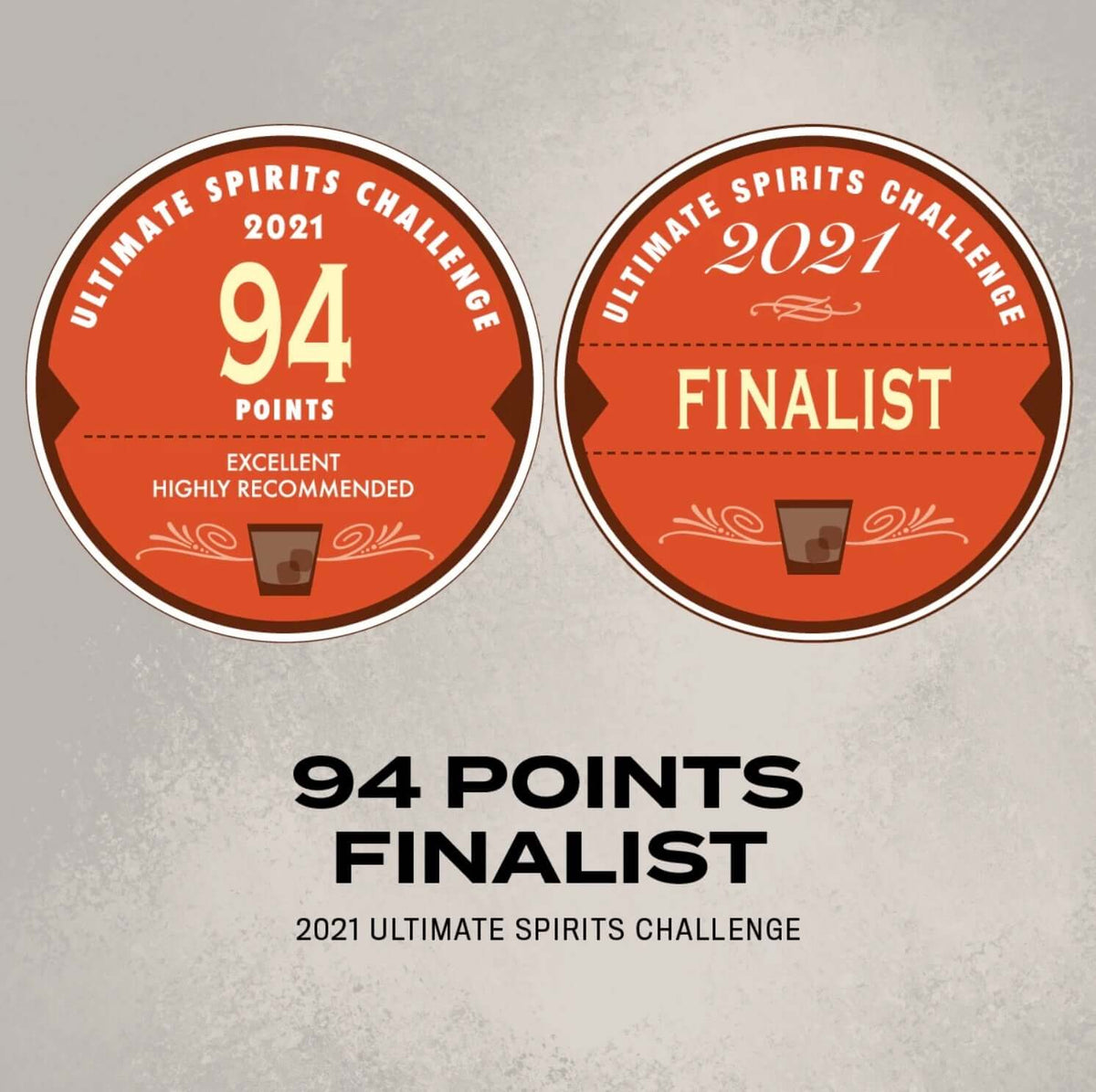 2021 Ultimate Spirits Challenge badges showing 94 points and Finalist achievement for whiskey.