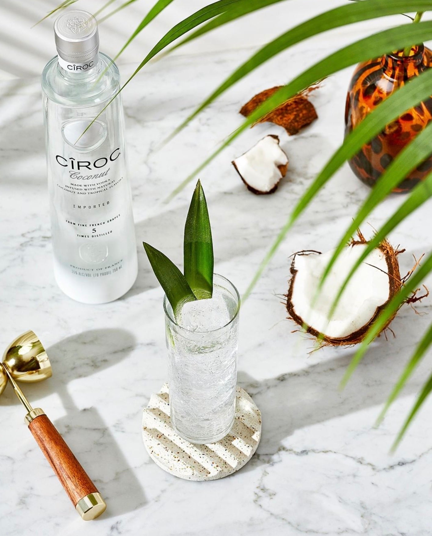 CÎROC Coconut vodka bottle with a refreshing drink and plant on a marble surface, showcasing tropical flavors.