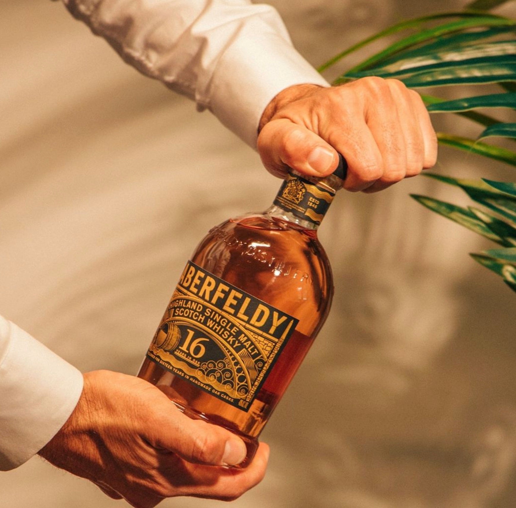 Person holding Aberfeldy 16 Year Single Malt Scotch Whisky bottle with detailed label against a blurred background.