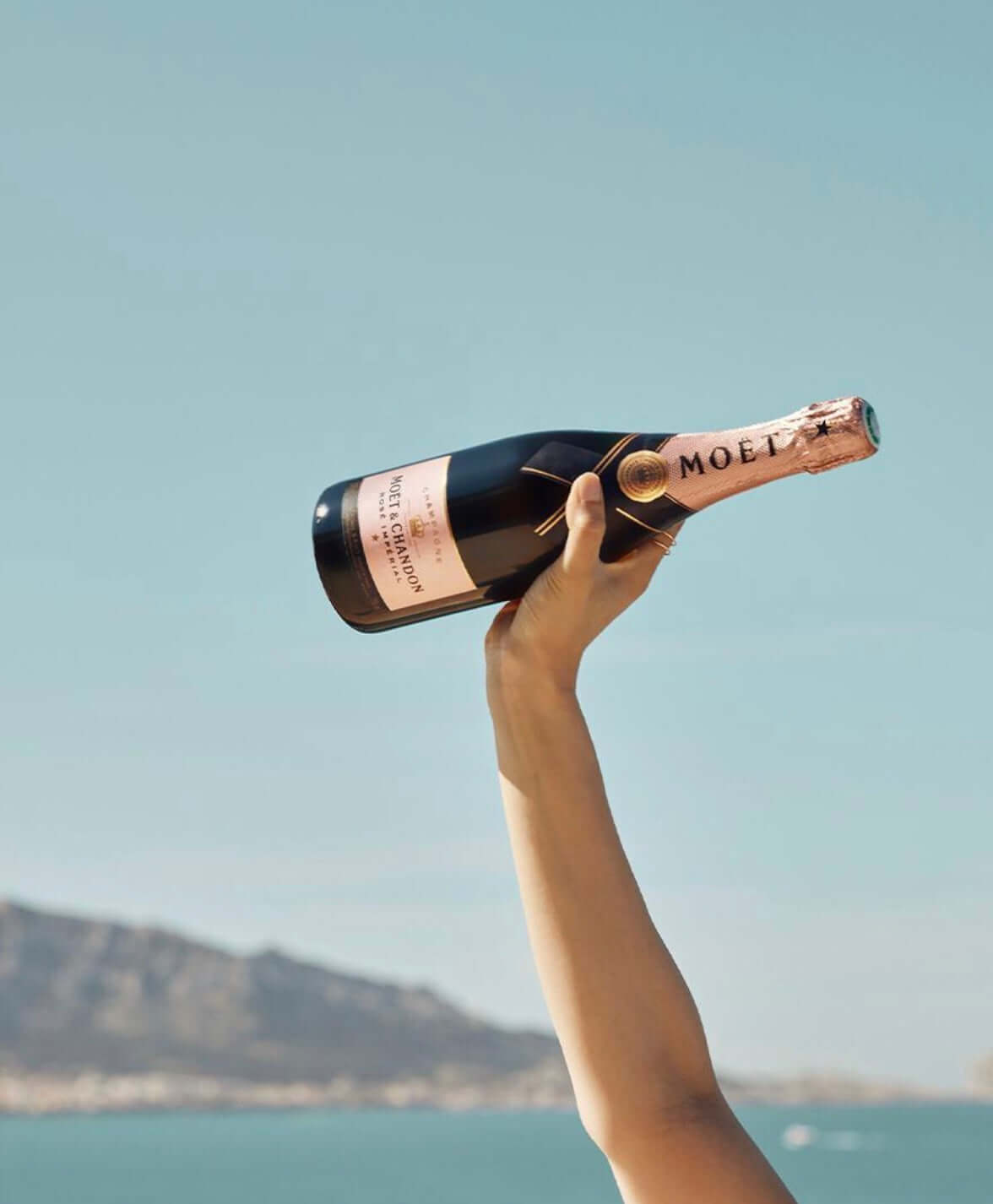 Person holding a bottle of Moët & Chandon Rosé Impérial against a scenic ocean backdrop.