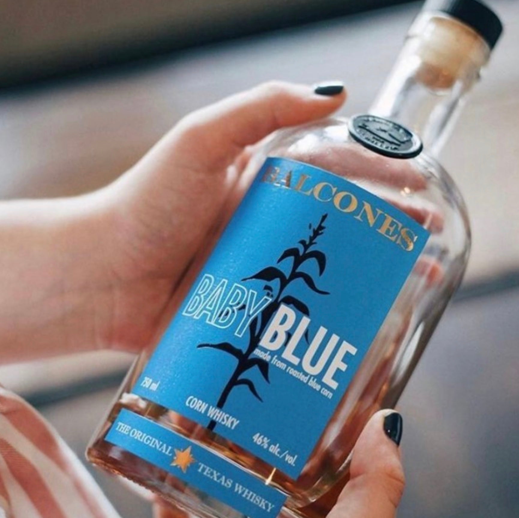 Balcones Baby Blue Corn Whiskey bottle held by a person, showcasing the vibrant label and Texas origins.