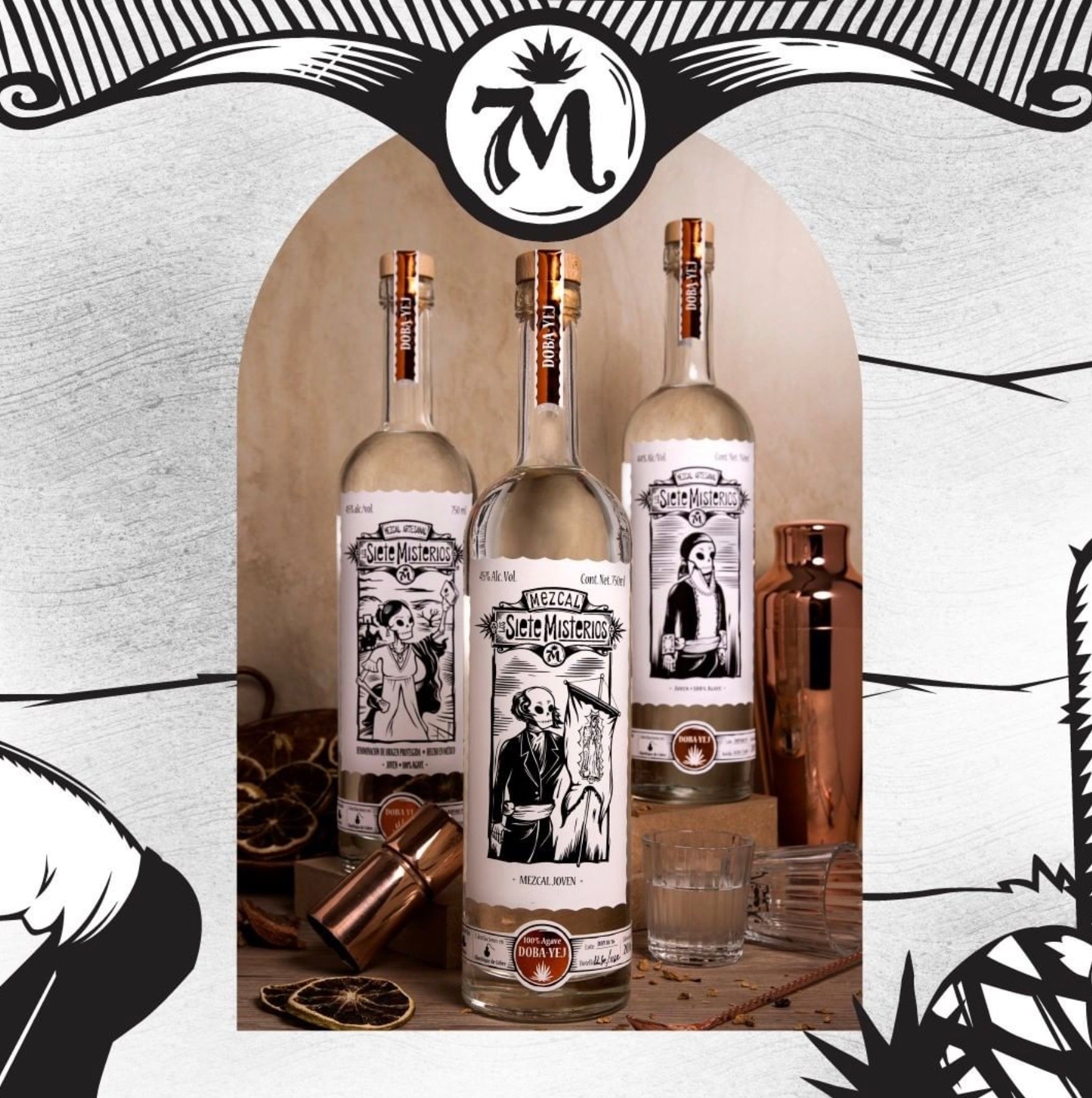 Siete Misterios Mezcal Doba-Yej bottles showcased with artistic design, featuring agave, citrus notes, and floral elements.