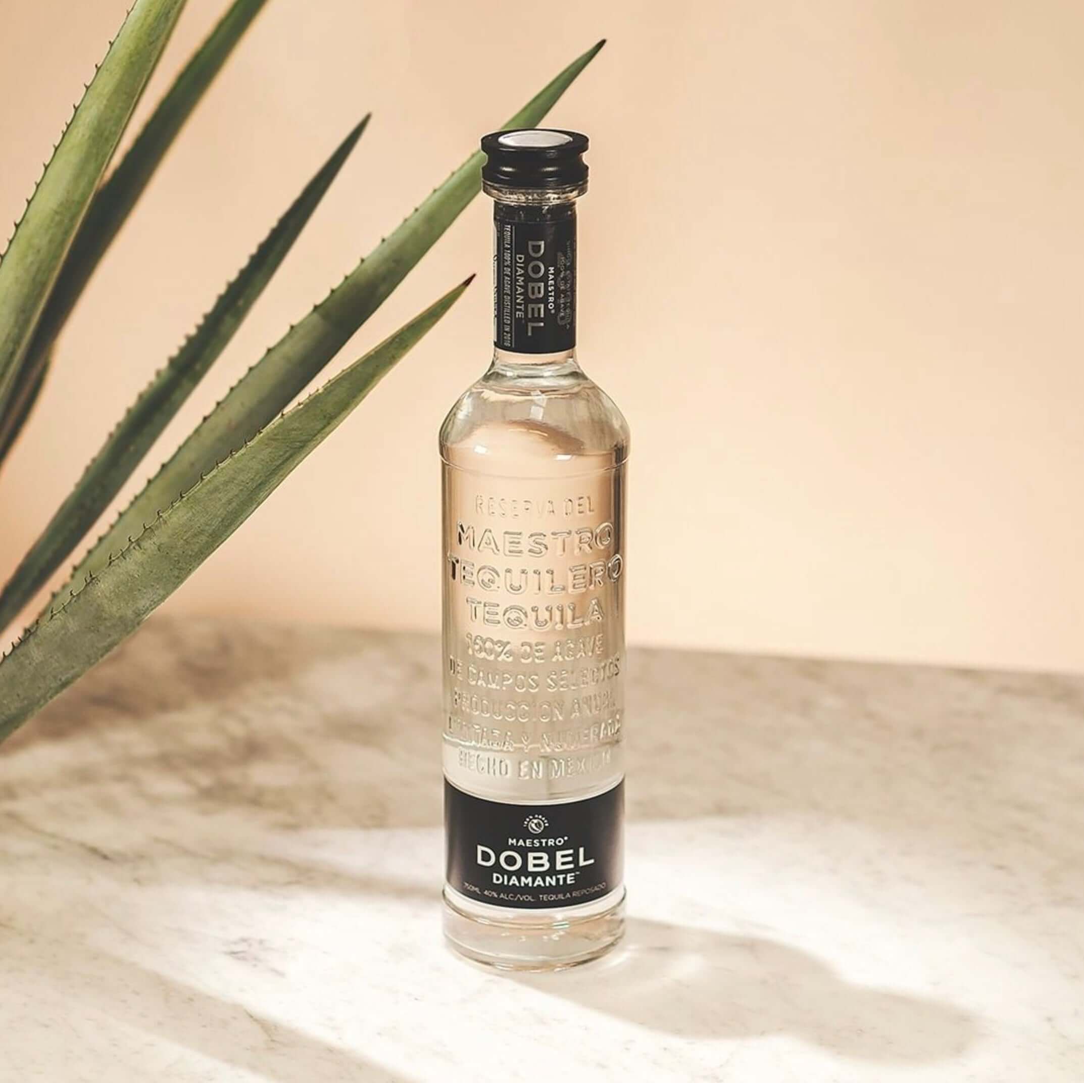 Maestro Dobel Diamante Tequila bottle against a neutral background with agave leaves, showcasing its clear, multi-aged spirit.