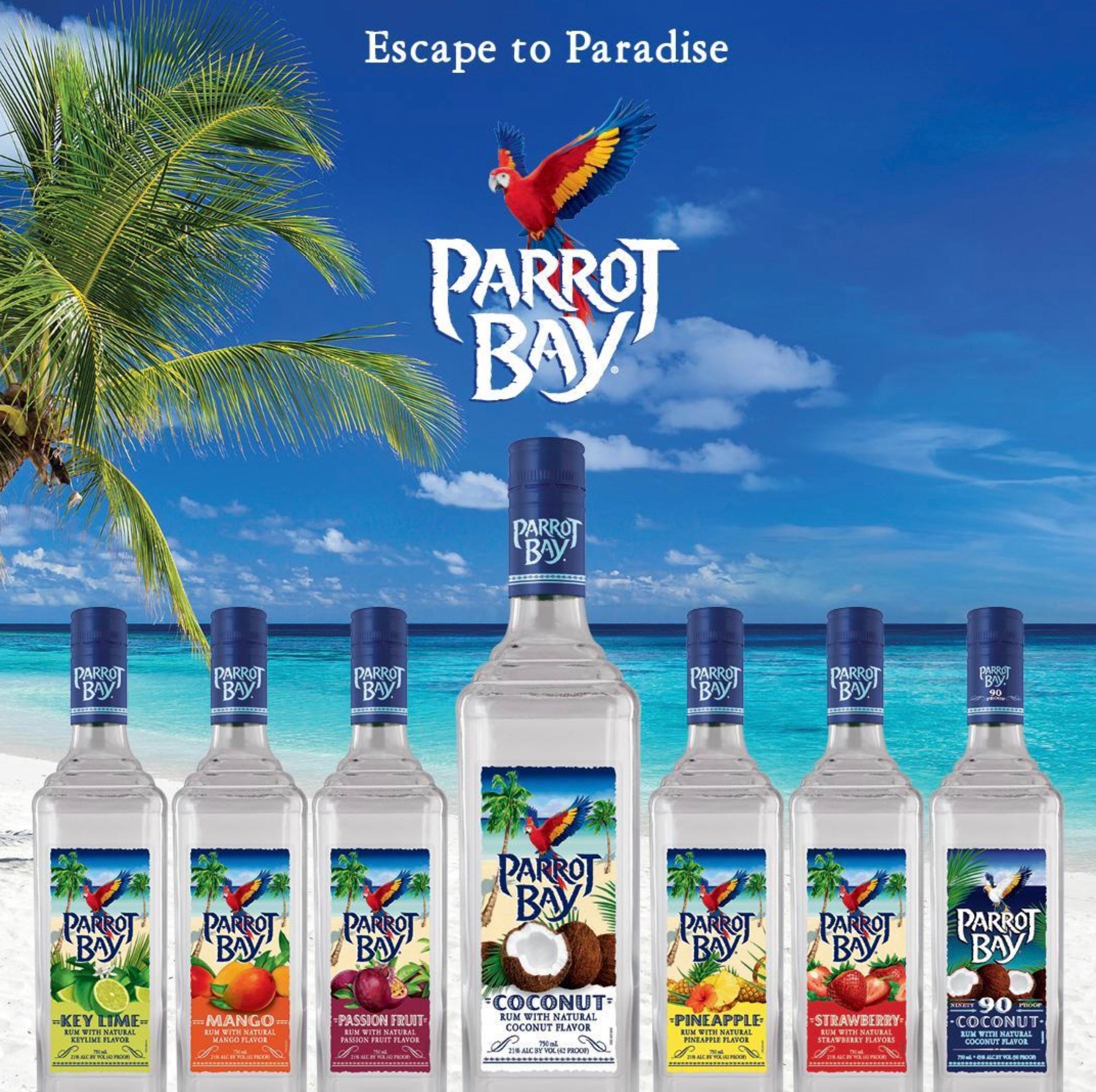 Bottles of Parrot Bay rum featuring various flavors against a tropical beach background, inviting you to escape to paradise.