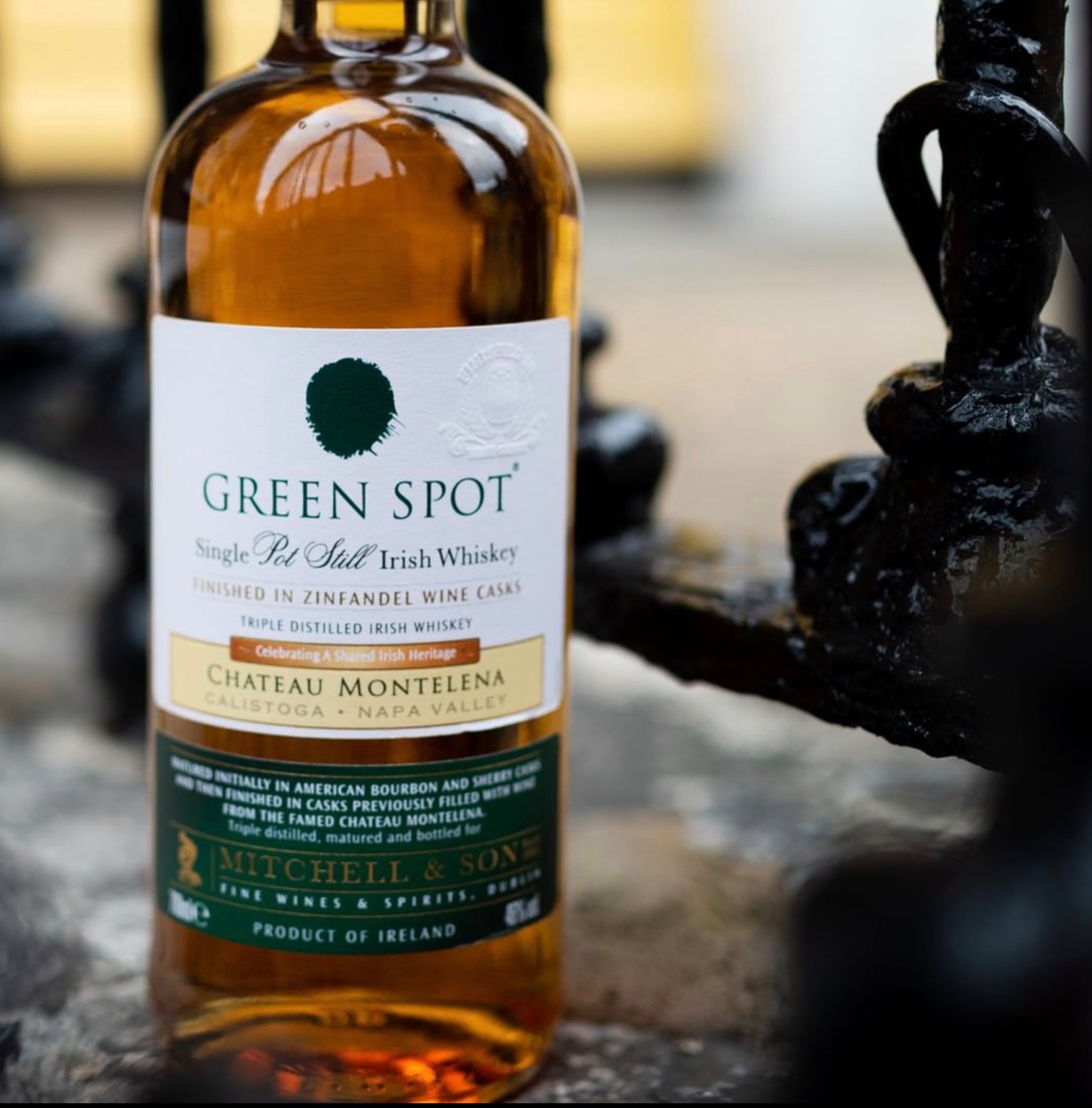 Bottle of Green Spot Chateau Montelena Irish Whiskey finished in Zinfandel casks, showcasing its unique heritage and quality.