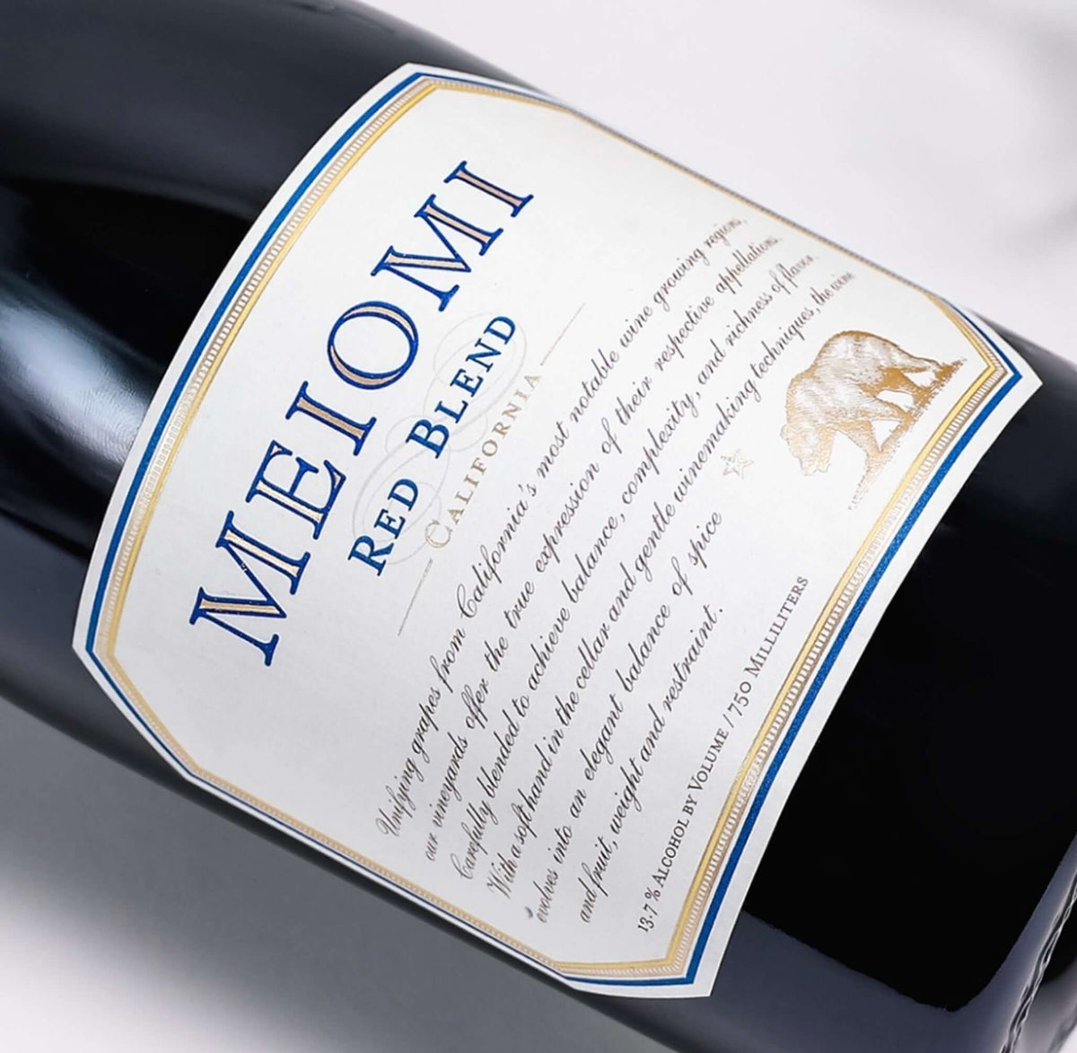 Meiomi Red Blend wine bottle label showcasing California's diverse terroir and rich flavor profile.