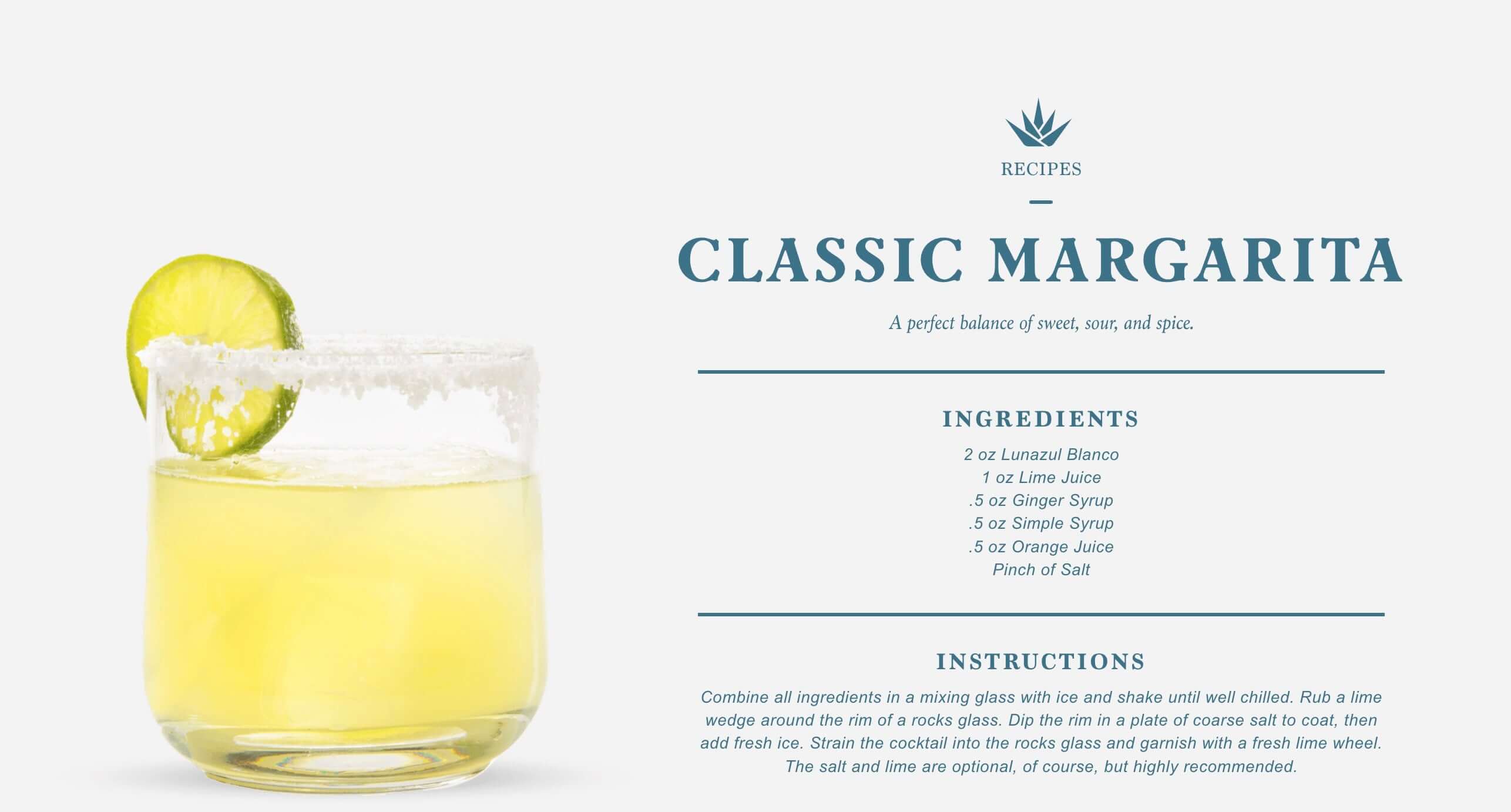 Classic margarita cocktail recipe with Lunazul Blanco tequila, lime, and salt, garnished with a lime wedge.