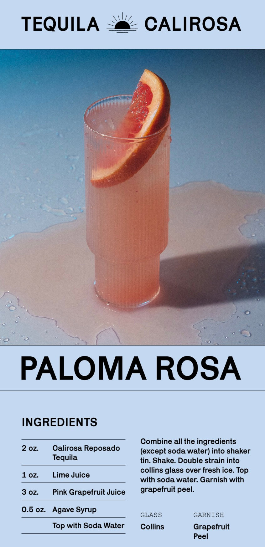 Paloma Rosa cocktail recipe featuring Calirosa Reposado Tequila, garnished with grapefruit peel.