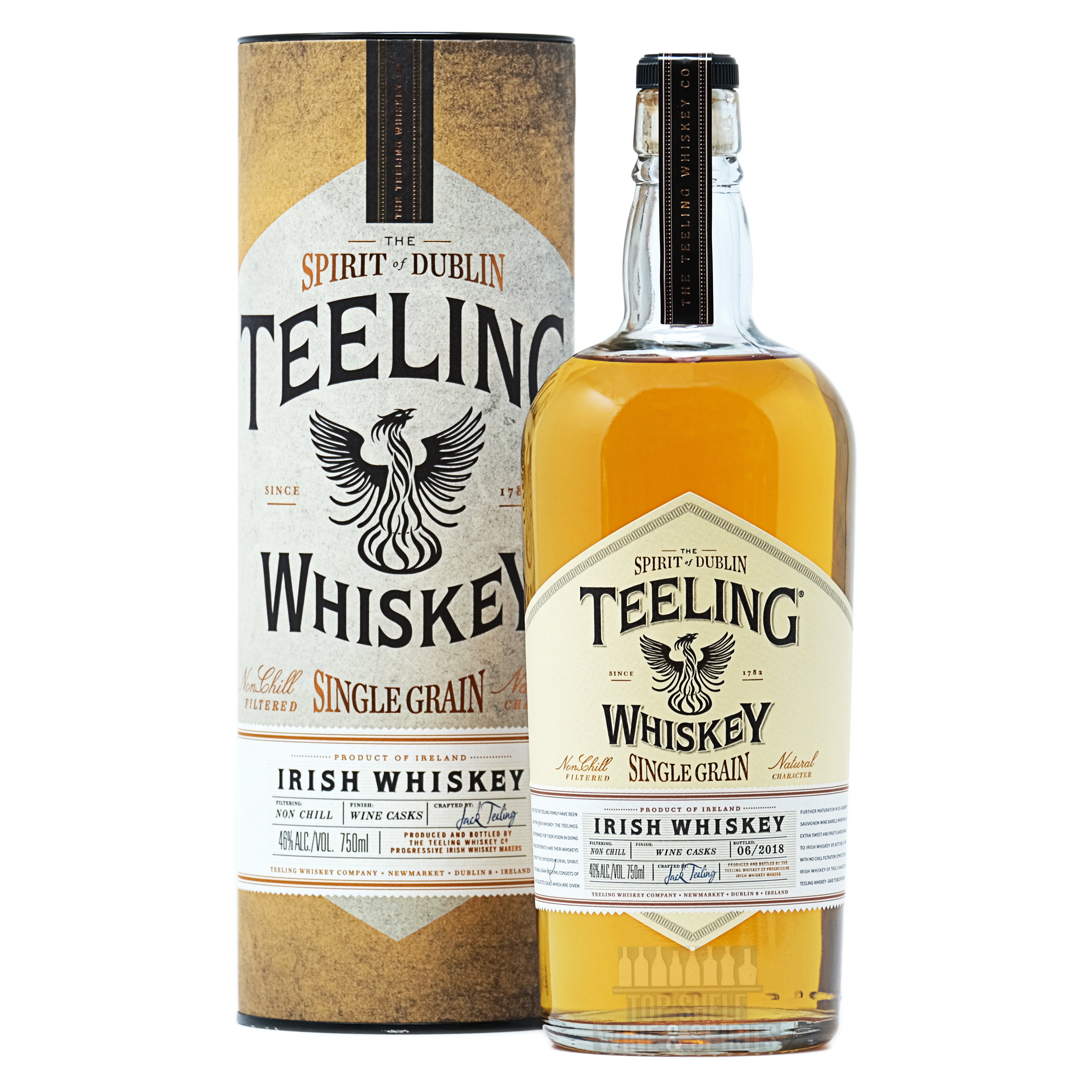 Teeling Single Grain Irish Whiskey bottle and packaging showcasing unique blend of corn and malted barley.