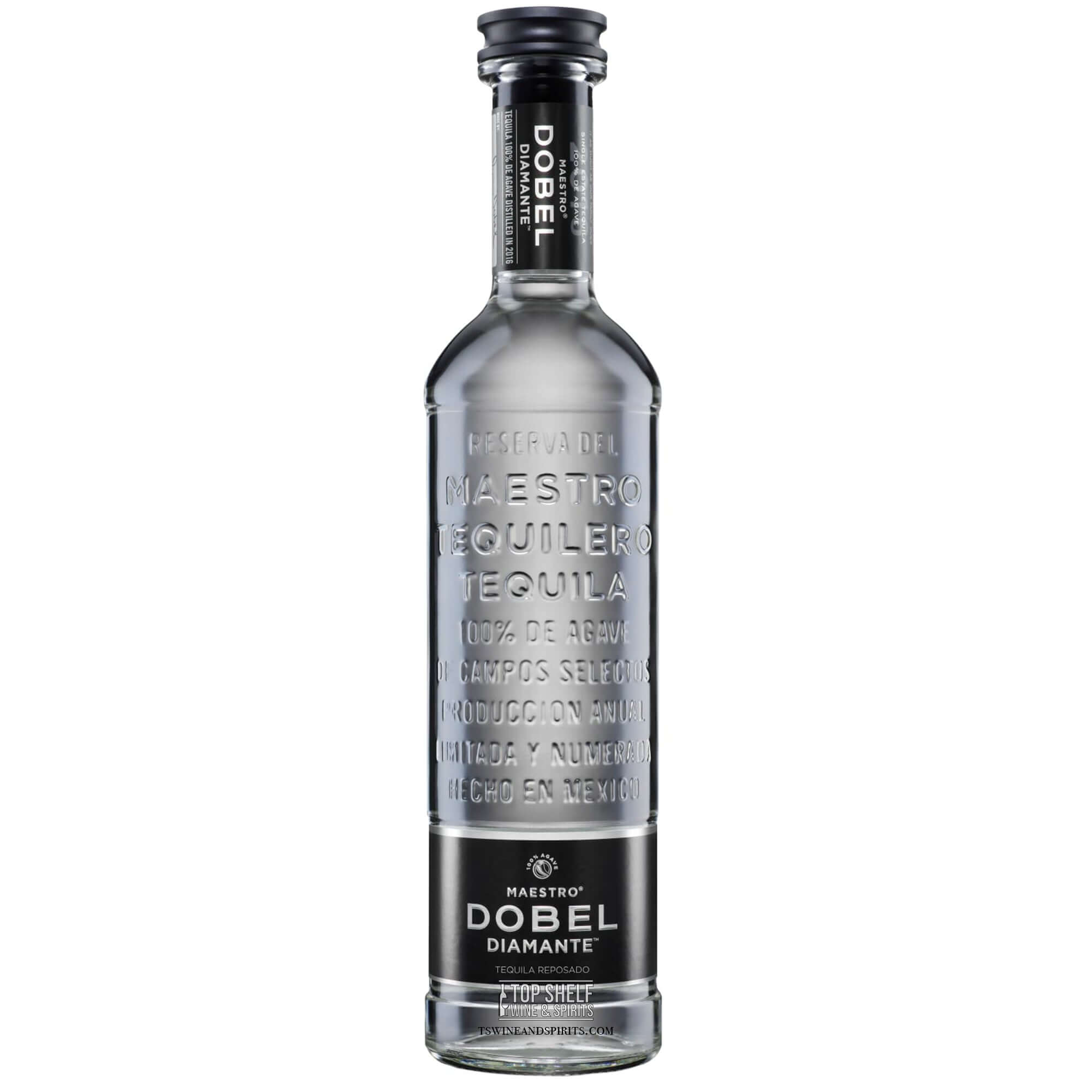 Bottle of Maestro Dobel Diamante Tequila, a clear multi-aged tequila crafted from 100% agave.