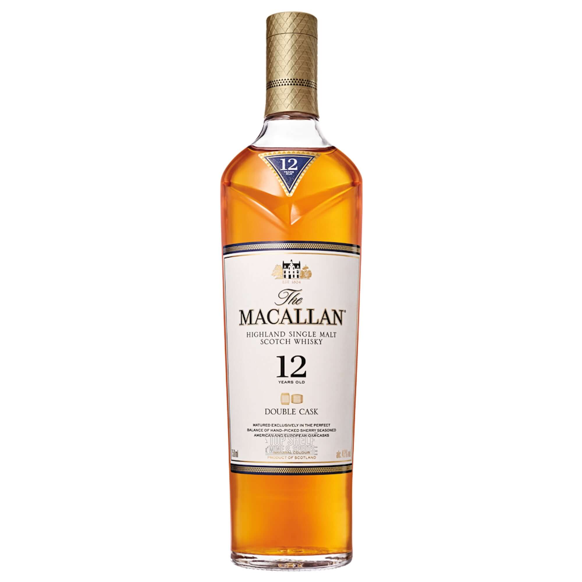 The Macallan Sherry Oak 12 Year single malt whisky bottle with rich gold color and complex aromas of dried fruits and spices.