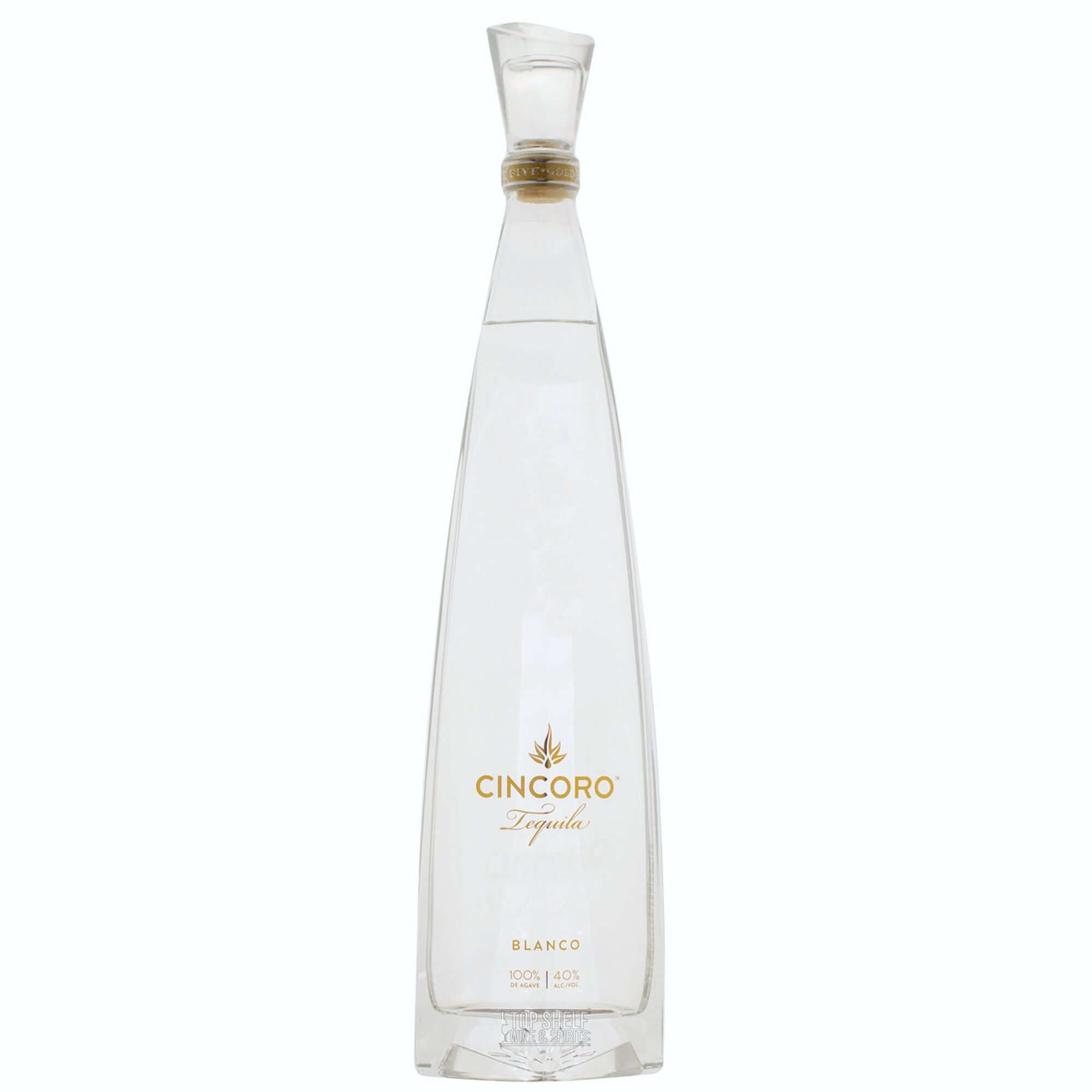Cincoro Blanco Tequila bottle, crystal clear with elegant design, made from 100% Weber blue agave.