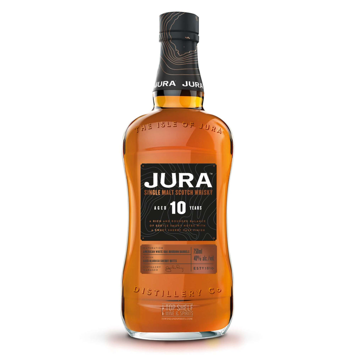 Jura 10 Year Old Scotch Whisky bottle showcasing its smooth amber color and elegant label design.