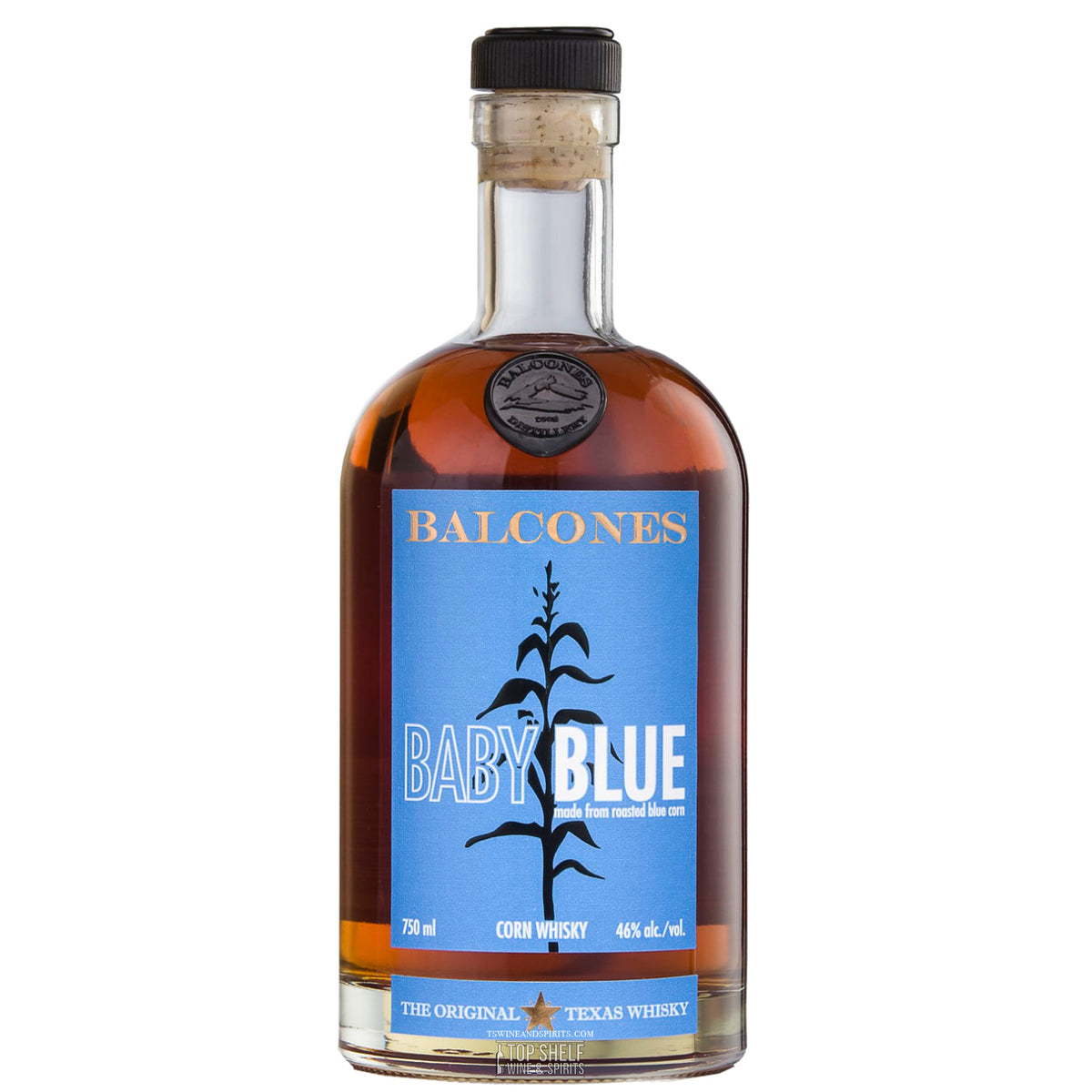 Balcones Baby Blue Corn Whiskey bottle showcasing its rich amber color and unique label design.