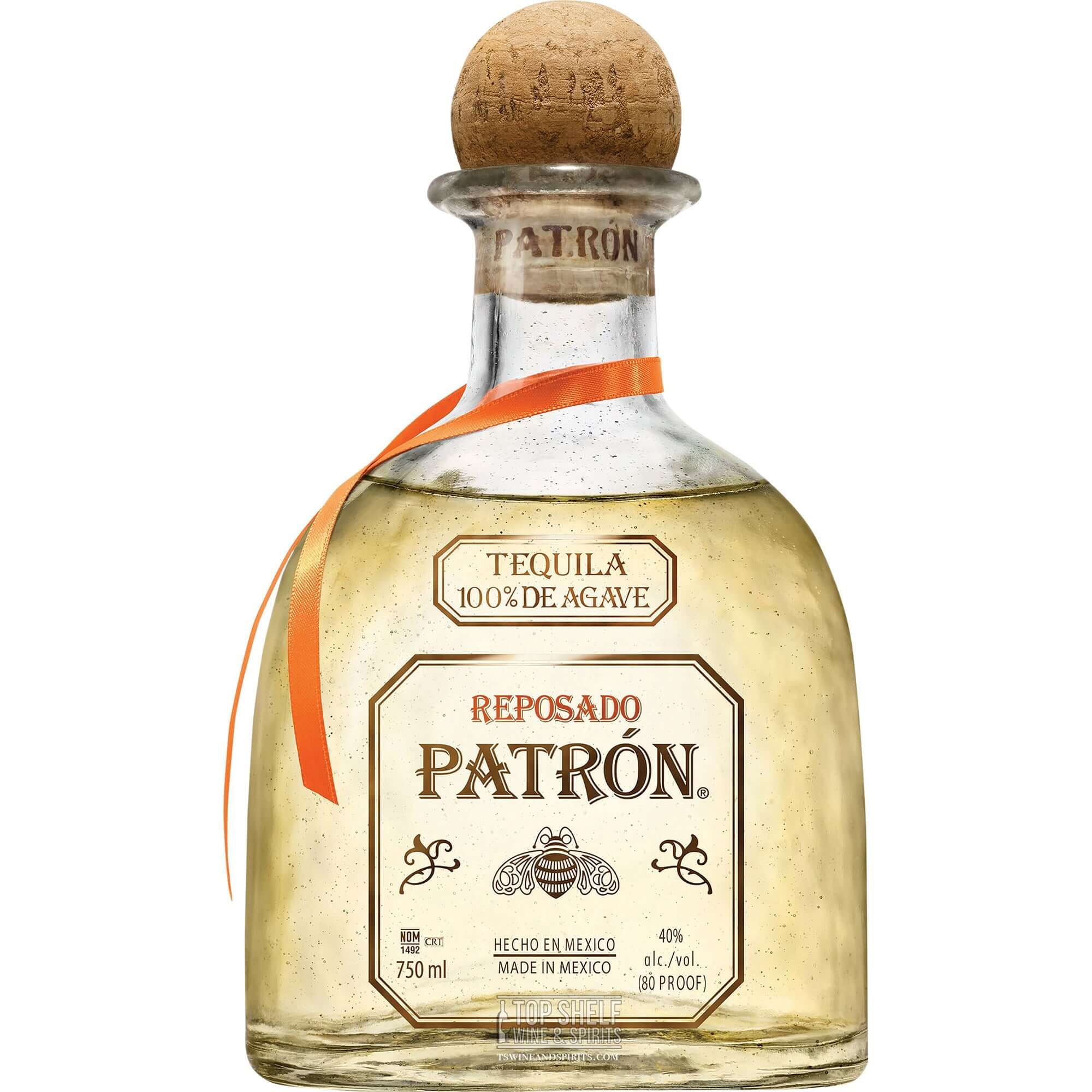 Patrón Reposado Tequila bottle, aged for smooth taste with notes of oak, fruit citrus, and honey. 100% Weber Blue Agave.
