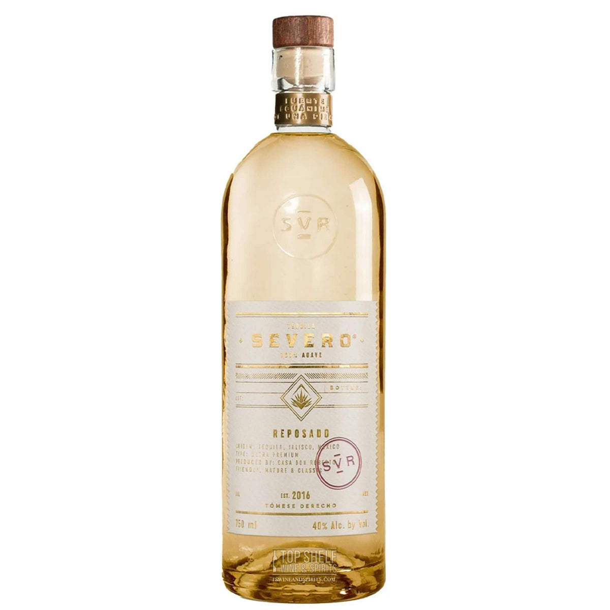 Severo Reposado Tequila bottle, crafted from 100% Blue Weber agave, showcasing its golden hue.