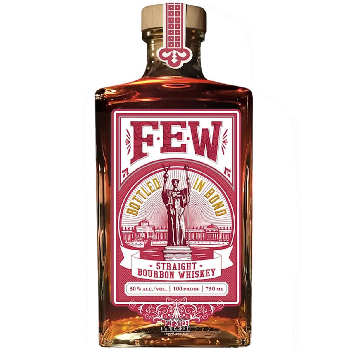 FEW Bottled in Bond Bourbon whiskey bottle displaying its label and 50% ABV, honoring the US consumer protection law.