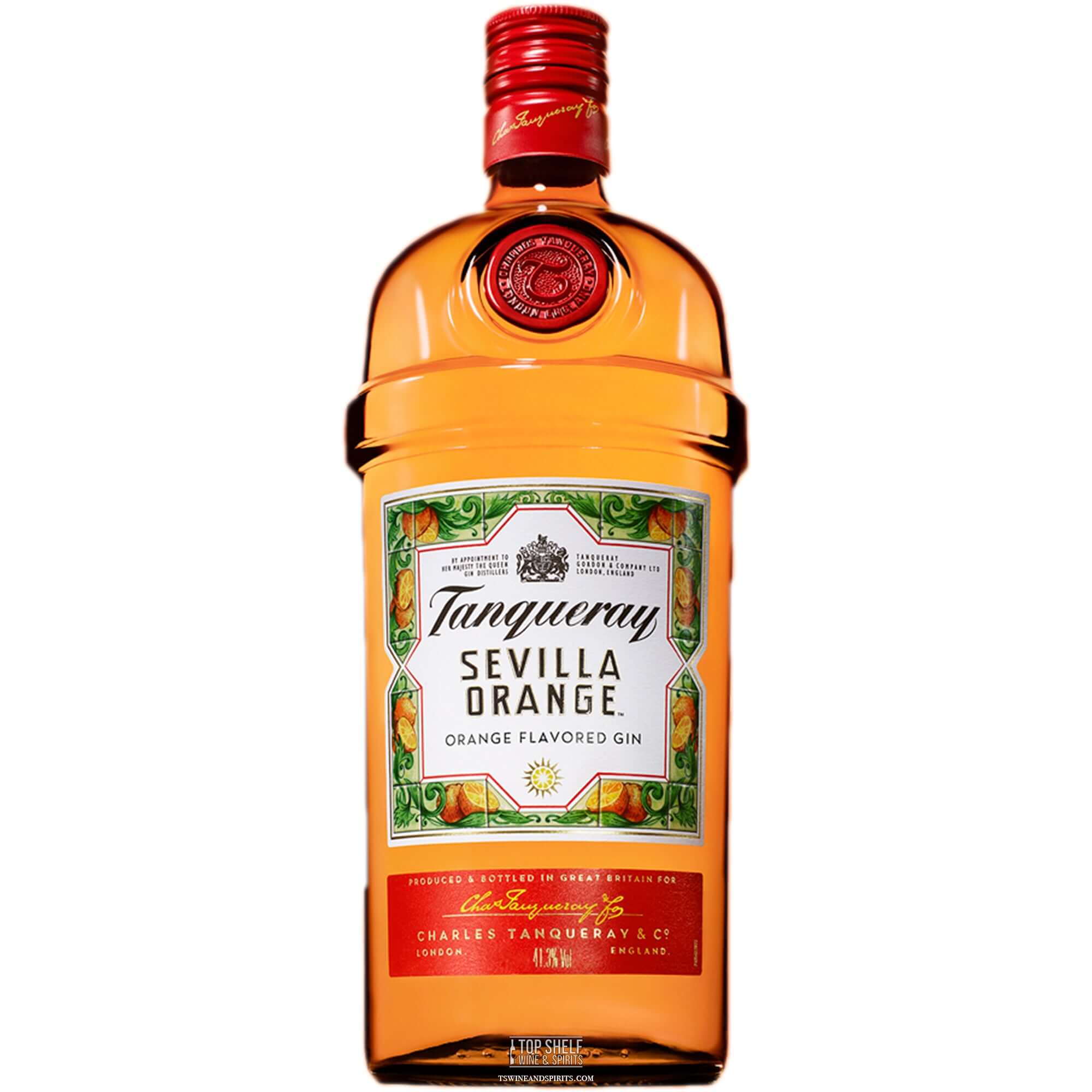 Bottle of Tanqueray Sevilla Orange Gin showcasing its vibrant orange color and distinct label design.