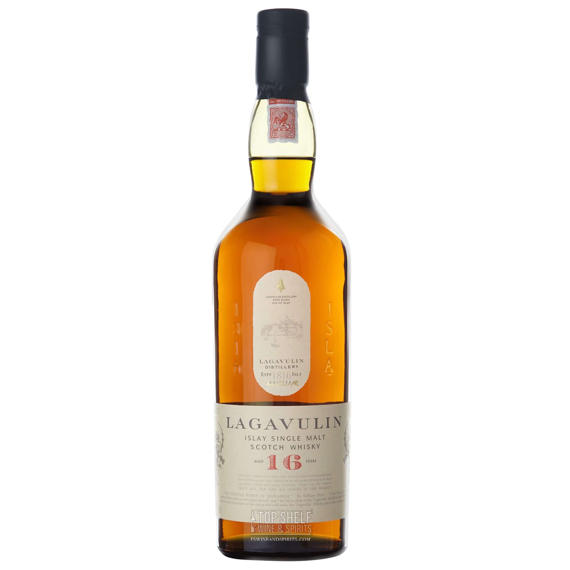 Lagavulin 16 Year Islay Single Malt Scotch Whisky bottle with rich amber color and distinctive label.