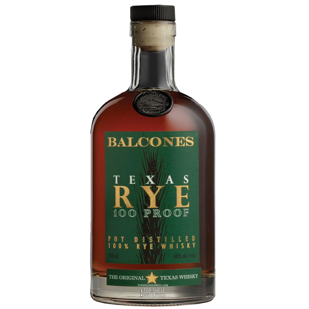 Balcones Texas Rye 100 Proof whisky bottle showcasing rich amber color and distinctive label, reflecting artisanal distillation.