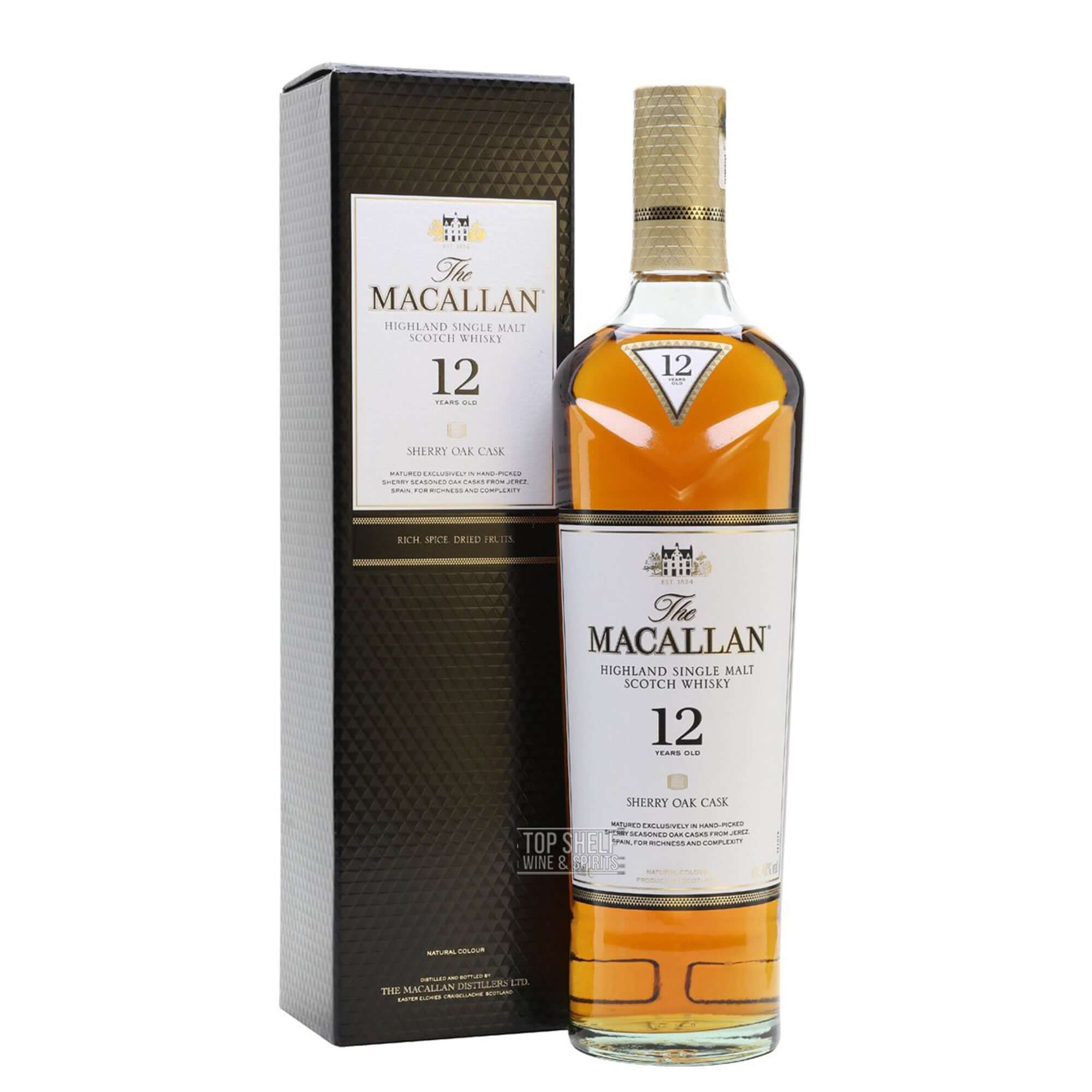 The Macallan Sherry Oak 12 Year whisky bottle and box, showcasing rich gold color and complex aroma.