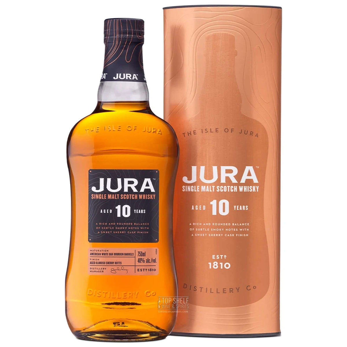 Jura 10 Year Old Scotch Whisky bottle and packaging, showcasing smooth flavors and aged quality from the Isle of Jura.