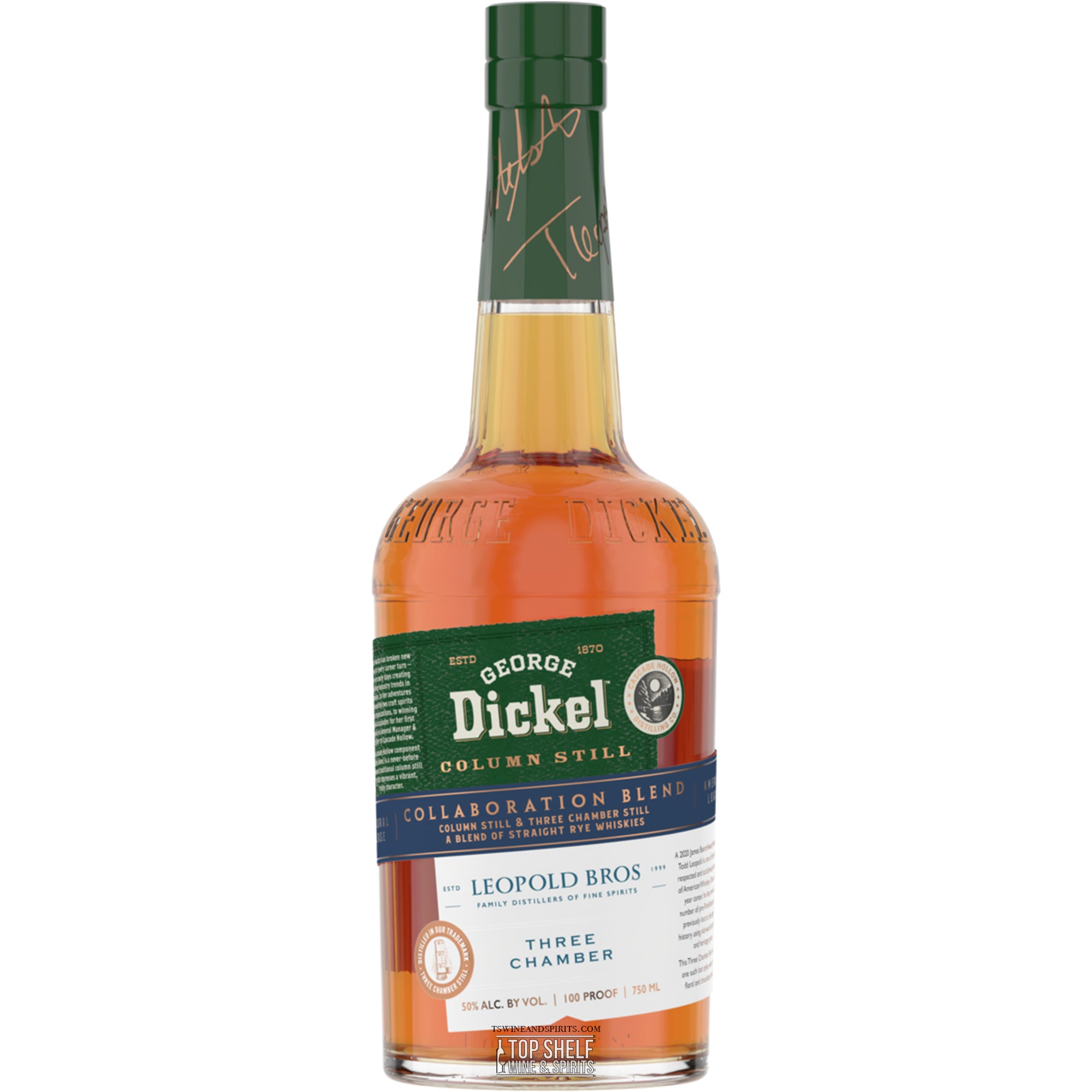 George Dickel x Leopold Bros Collaboration Blend rye whisky bottle showcasing unique blend of styles.