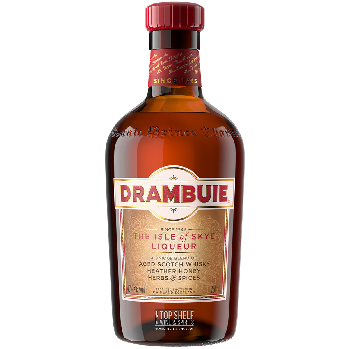 Drambuie The Isle of Skye Liqueur bottle featuring aged Scotch whisky, herbs, spices, and heather honey.