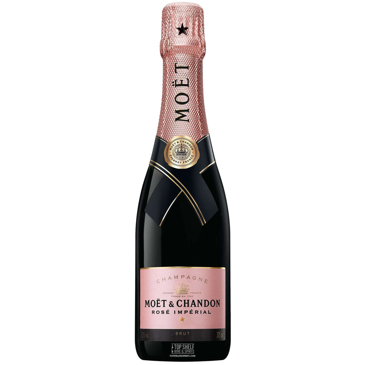 Moët & Chandon Rosé Impérial 375ml champagne bottle with a pink label and shimmering bottle design.